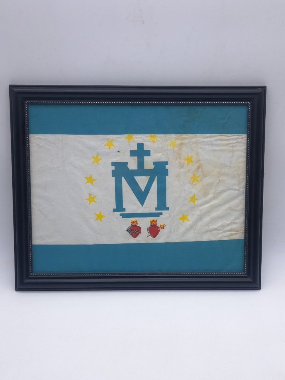 Antique Catholic Processional Framed Flag Miraculous Medals